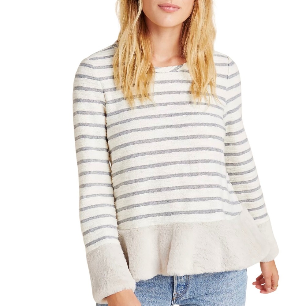 Maeve Anthropologie Ivory Gray Striped Faux Fur Trim Long Sleeve Top Size M